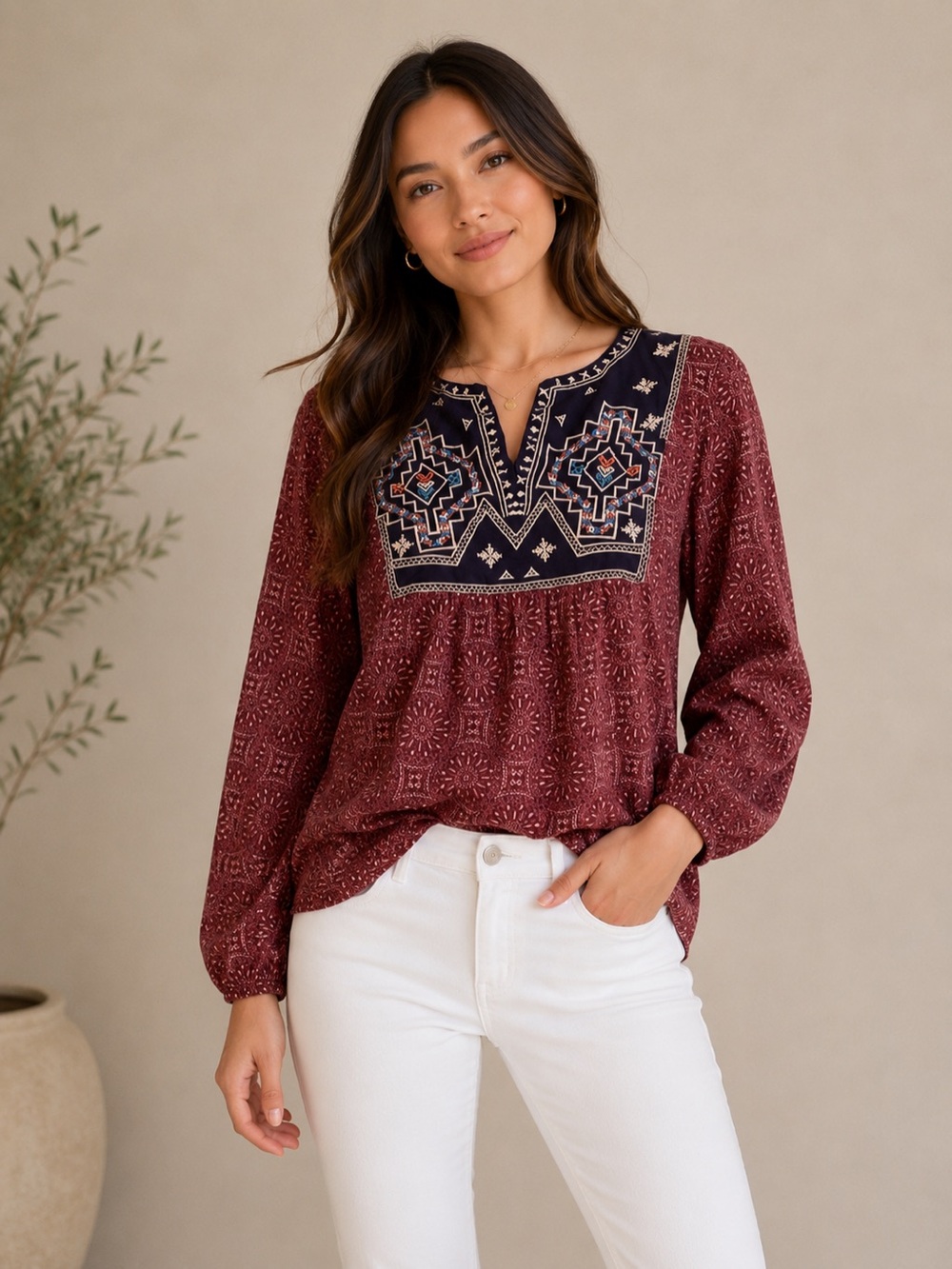 THML Embroidered Maroon Boho Top
